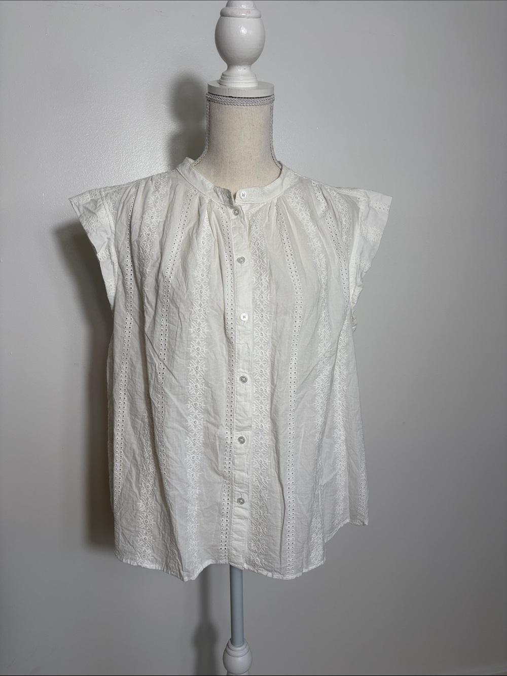 Boden Women’s Cream Eyelet Button-Front Cap Sleeve Top Size 12